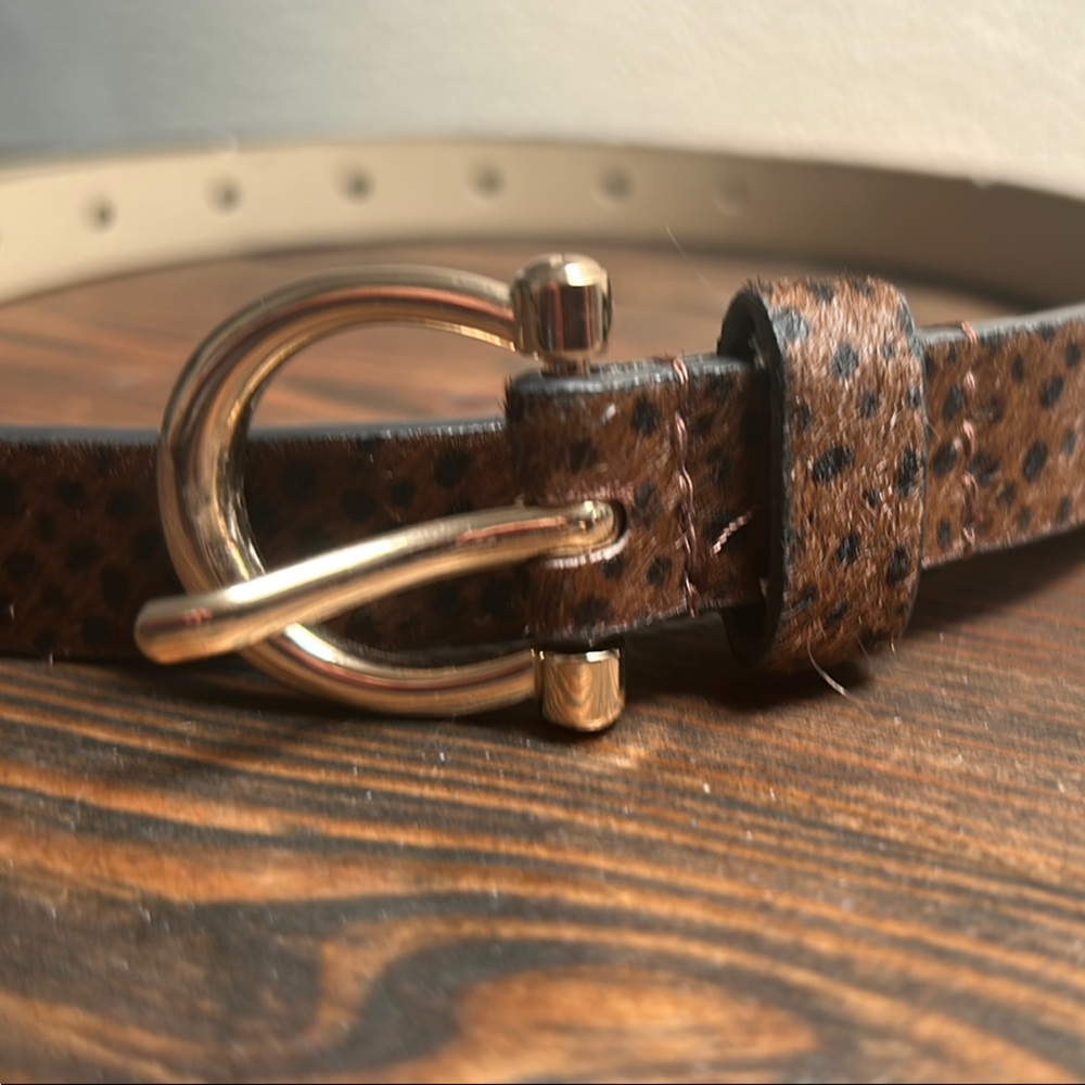 Brown and Black Polka Dot Belt with Gold Buckle Faux Calf hair.